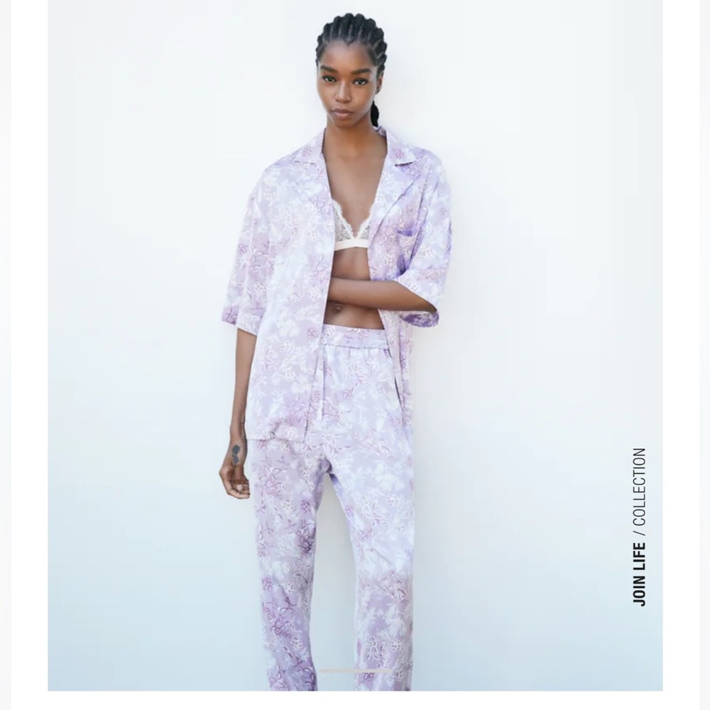 Zara flawy flower printed lapel collar button down short sleeves shirt lavender